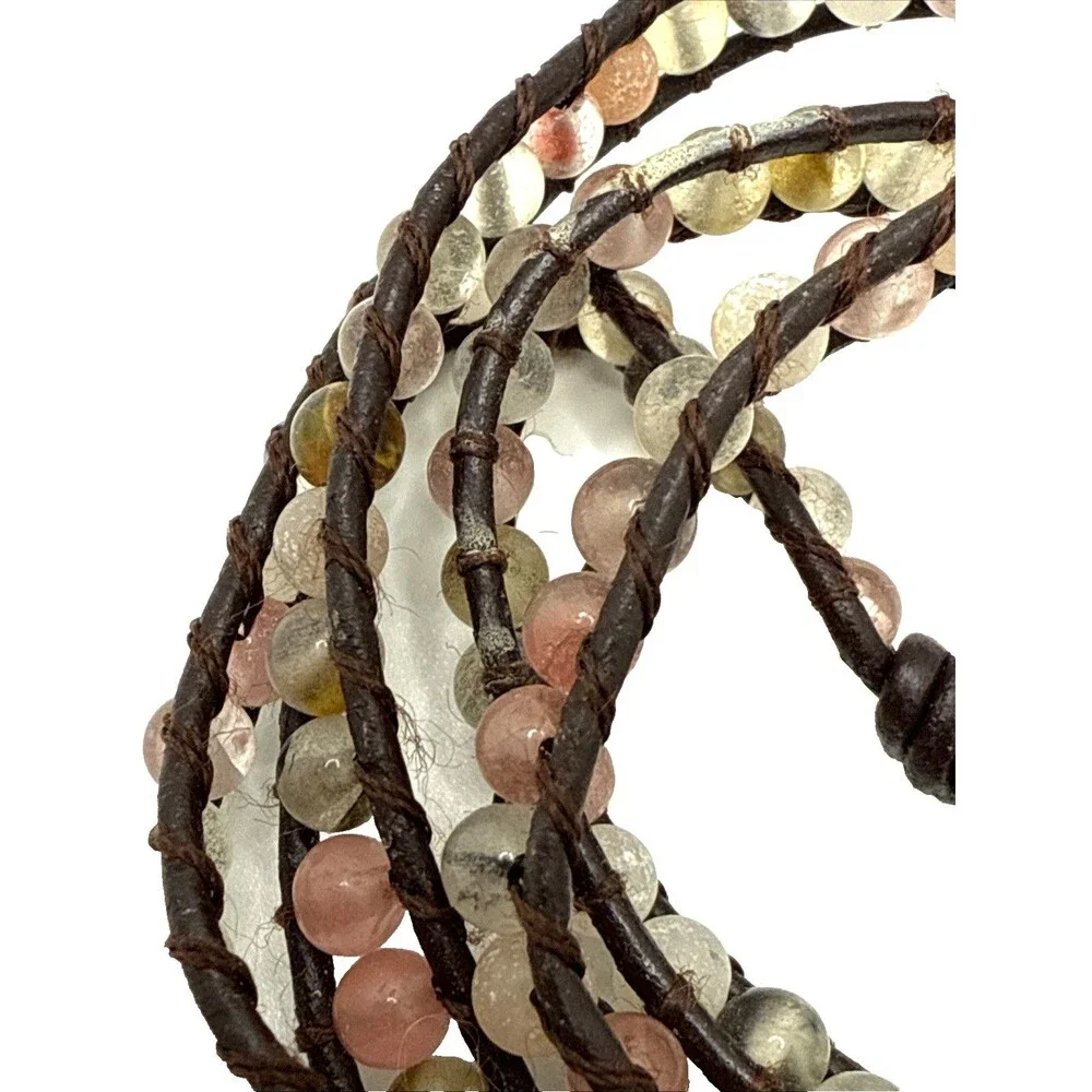 Victoria Emerson Wrap Bracelet Brown Leather Multicolor Stone Beaded Boho 33-36